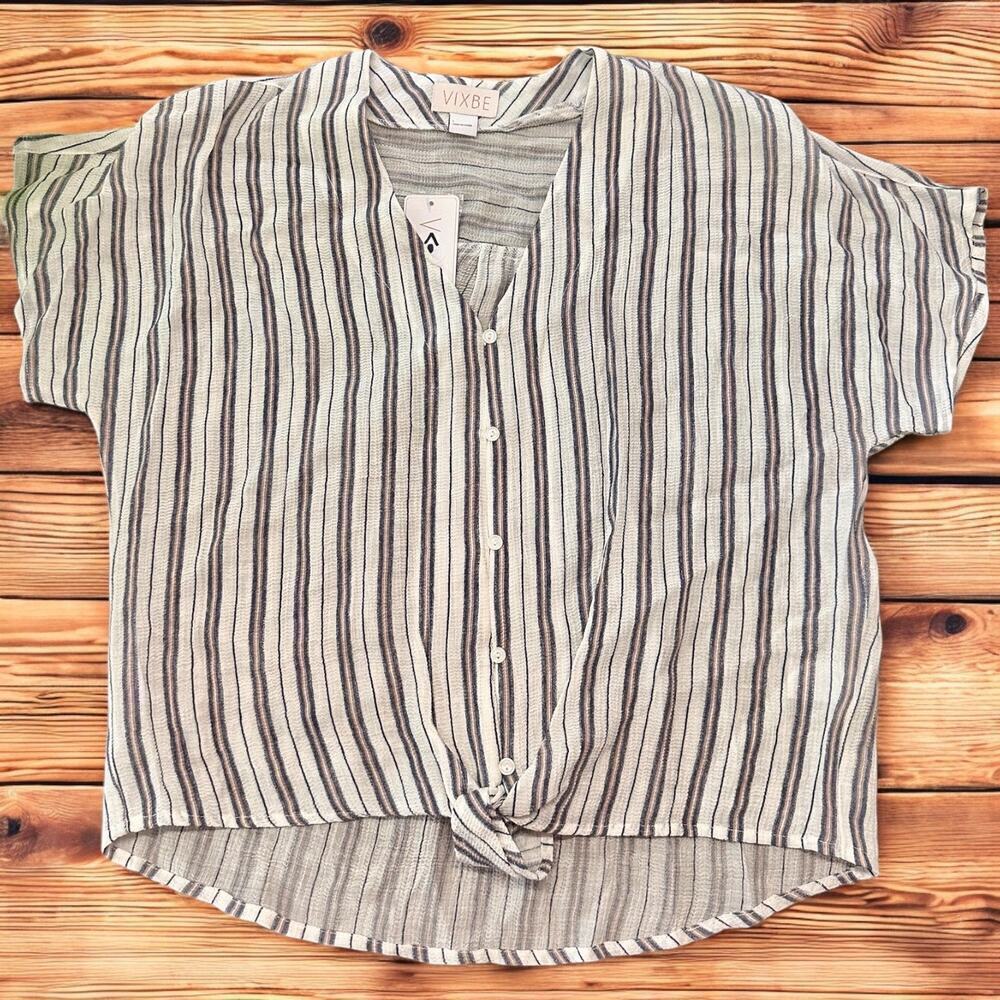 VIXBE Striped Button Front Tie Hem Blouse | Lightweight Casual Top